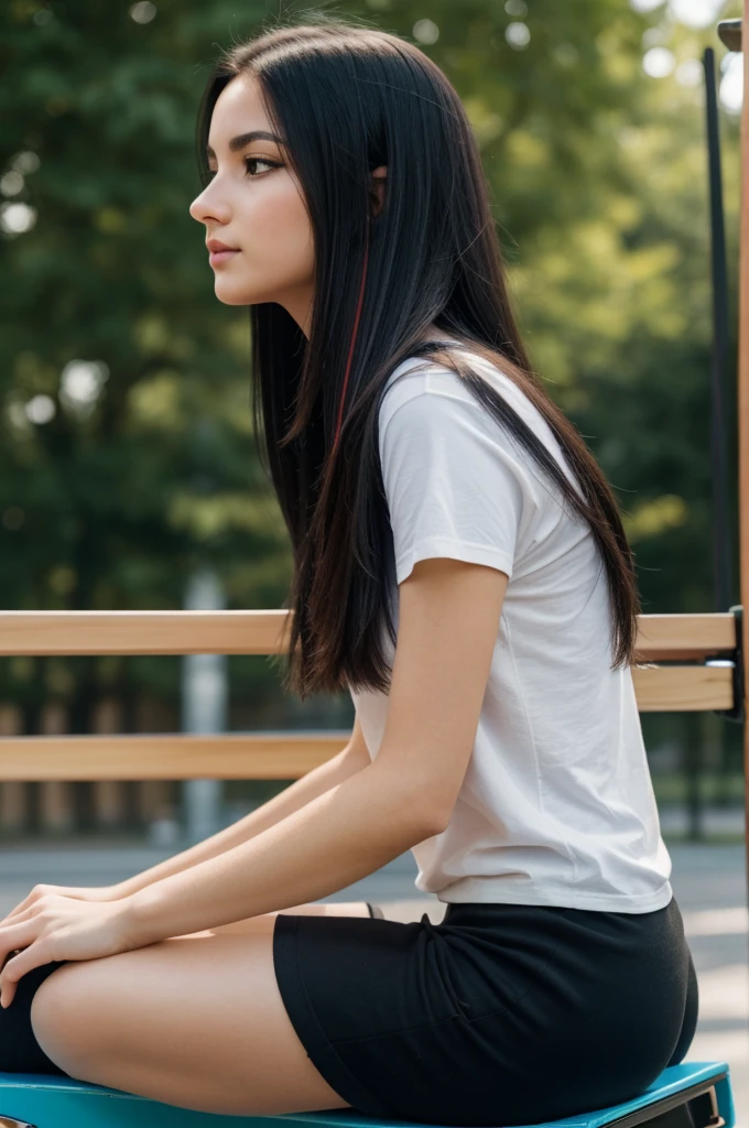 portrait photograph of a gorgeous girl with italian trait and pale skin seen from side profile with head turned away from the camera with long straight black hair, symmetrical face, deep set eyes, upturned little nose, 
cute natural makeup, wearing a top t shirt and black shorts((sitting on a seesaw)), stunning modern urban environment, ultra realistic, elegant, highly detailed, intricate, sharp focus, depth of field, f/1. 8, 85mm, medium shot, mid shot, (((professionally color graded))), bright soft diffused light