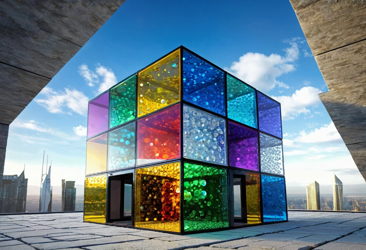 the cosmic aquarium in which the multi-colored glass lego, glass stones, glass stained-glasses, glass diamonds and original molecules of the crystals of the ego multifaceted, three-dimensional drawing of a building, hologram, molecules, hdr, rainbow, high detalil ed, quintessence, transcentens, metaphysics,metaverse, multiverse, singularity, no humans, no humans, cubic world, square world, cube street, cube road, cube car, cube house, cube sky,