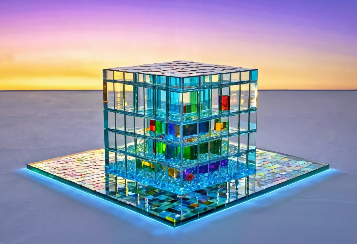 the cosmic aquarium in which the multi-colored glass lego, glass stones, glass stained-glasses, glass diamonds and original molecules of the crystals of the ego multifaceted, three-dimensional drawing of a building, hologram, molecules, hdr, rainbow, high detalil ed, quintessence, transcentens, metaphysics,metaverse, multiverse, singularity, no humans, no humans, cubic world, square world, cube street, cube road, cube car, cube house, cube sky,