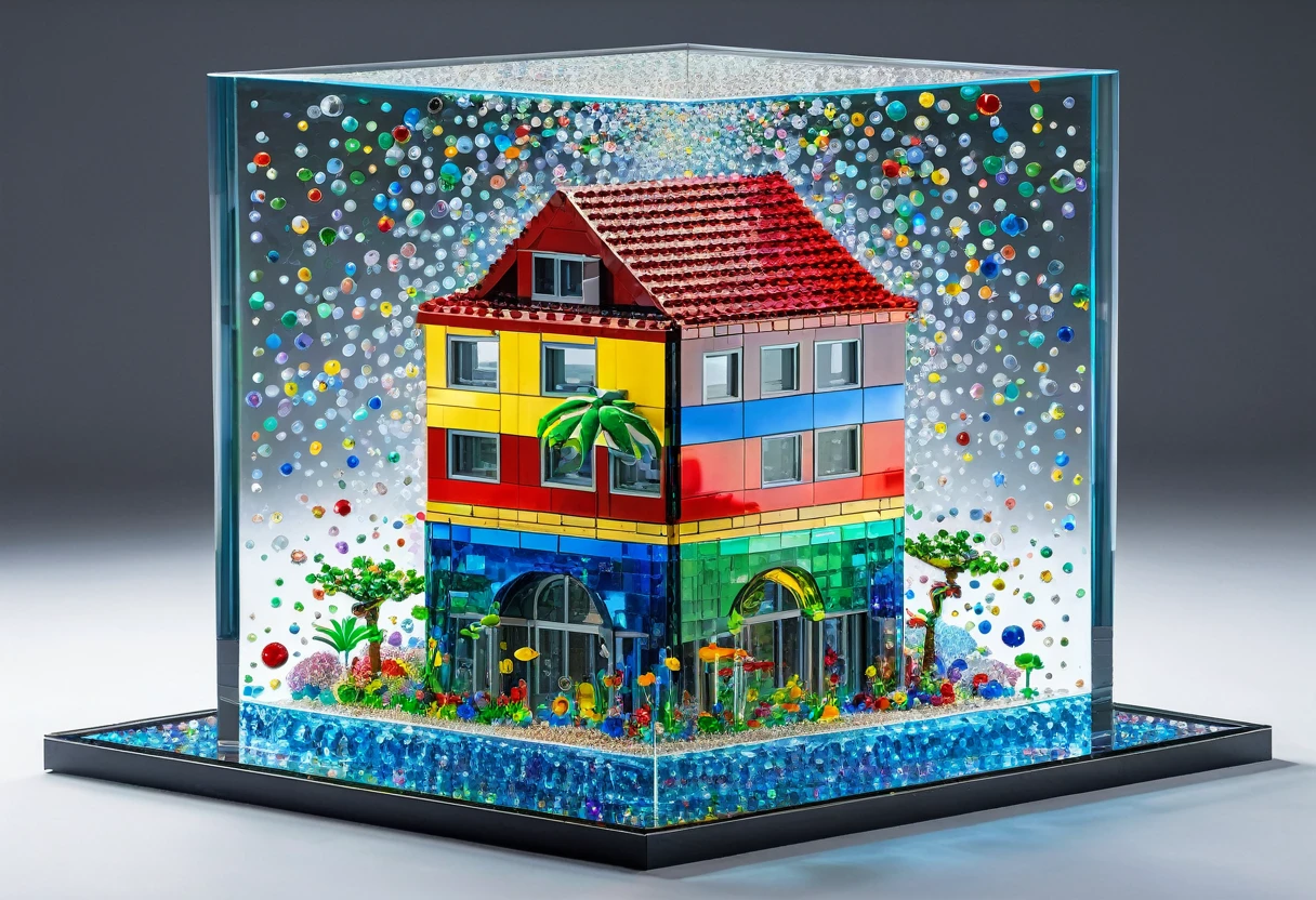 the cosmic aquarium in which the multi-colored glass lego, glass stones, glass stained-glasses, glass diamonds and original molecules of the crystals of the ego multifaceted, three-dimensional drawing of a building, hologram, molecules, hdr, rainbow, high detalil ed, quintessence, transcentens, metaphysics,metaverse, multiverse, singularity, no humans, no humans, cubic world, square world, cube street, cube road, cube car, cube house, cube sky,