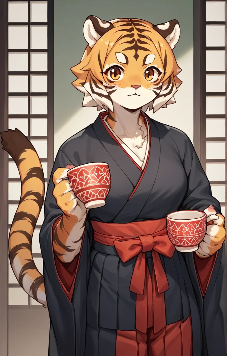 anime,((cute,Tiger Girl,)) ,(Black kimono,Red patterned),(Hakama), ((furry)) , (A Cup),whole body, --ar 4:7 --s 40