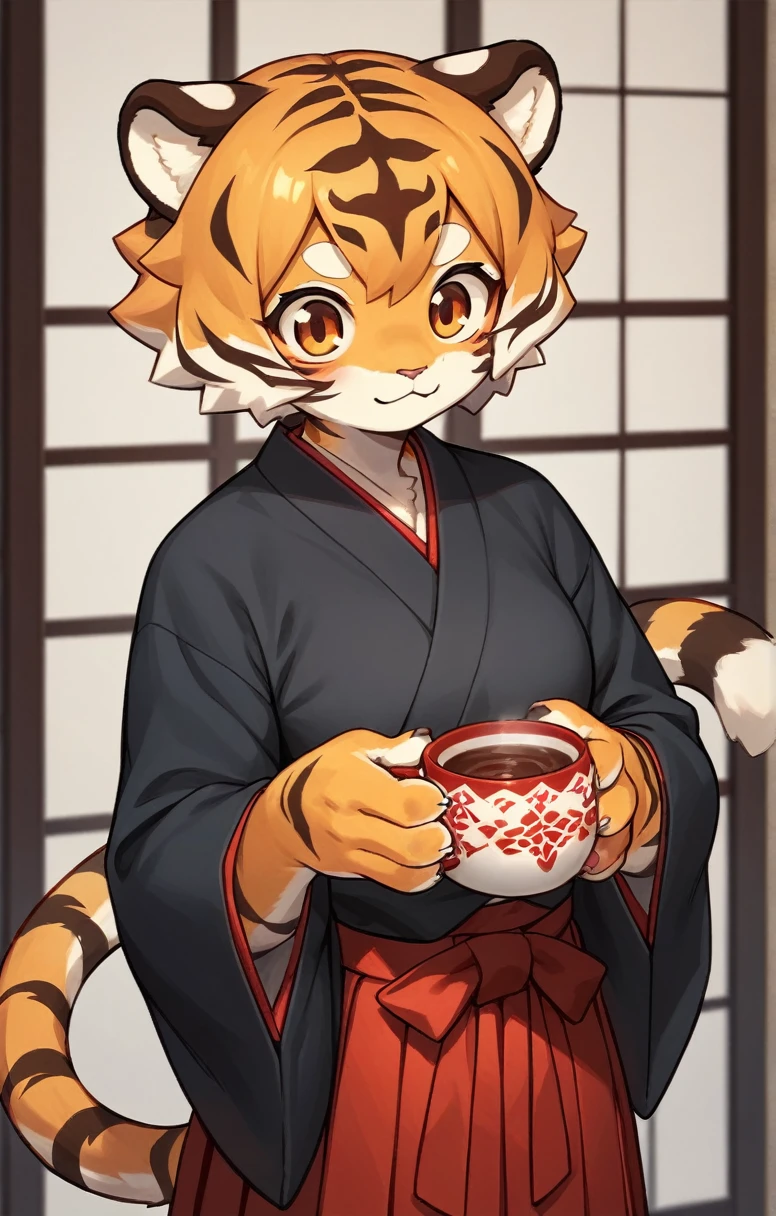 anime,((cute,Tiger Girl,)) ,(Black kimono,Red patterned),(Hakama), ((furry)) , (A Cup),whole body, --ar 4:7 --s 40