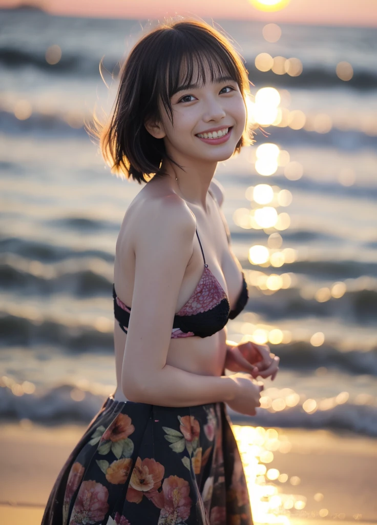 8K, (Hyper-reality: 1.35), (Realistic: 1.4), 1 beautiful Korean girl, smiling, solo. Light Makeup, Masterpiece, Top Quality, High Quality, Solo, No Panties, No Bra, Latin, Puberty, Only one girl, ((completely naked!)) ,((no bra, no panties)),((perfect body)),((top quality)),((ultrafine)),((extremely delicate and beautiful)),((extremely shallow depth of field)), nffsw,((incredibly shallow depth of field)). detailliert)), (((extremely delicate and beautiful)), (((very shallow depth of field))), nffsw, (((incredibly absurd))), (((perfect body))), (((black hair )))) ))), (((short cut hair))), (((okabo hair))), ((( Camera Eye)))), (((small ))), (((happy best smile))), poor tits, mea + background, dynamic angles, female focus, {light particles}, 细致背景, ((Paul Hedley)), soft lighting, (dramatic) sunset), sunset, very beautiful sunset, live action, realistic, top angle, cute smile, (blurred background), 18years old, skinny, ((wind)), ((movement)), ((emotion)), ((colorful)), ((baby face)), ((beautiful teeth)), wither, sea background