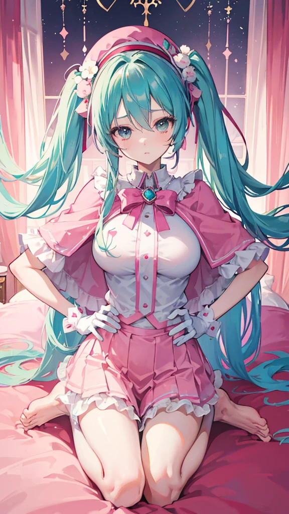 masterpiece, Hatsune Miku, best quality, full body, barefoot, solo, female, big breast, feforrest, beret, pink capelet, pink tunic, white pants, brown gloves, upper body, looking at viewer, shy, from above, mansion, room, finely decorated room, pink theme, big breast but cover, hands to hip
