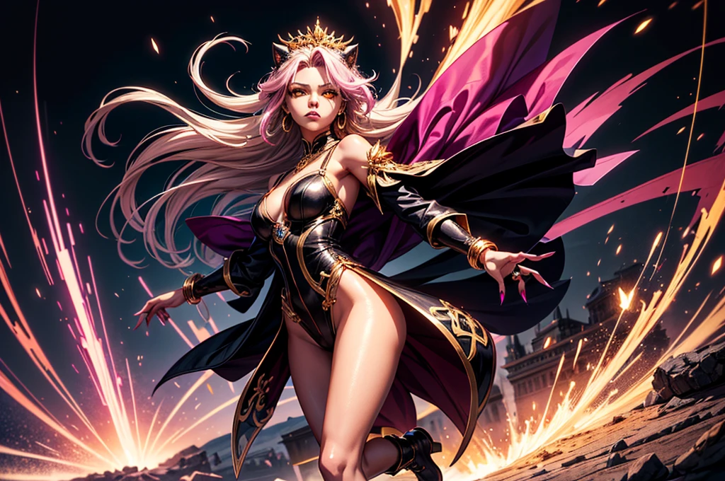 There is lost coliseum there stand female lioness in battle stance, she have ebony colour skin beautiful yellow eyes dark gold eyeshadows make up, ring style earrings, her hair is purple with pink highlights . she dressed in white neather topic with golden parts on countures also short and white leather straps on her catlike legs instead of boots, her hands have hude ruby claws on her fingers, (ultra high quality fantasy art, dark fantasy style, masterpiece, ultra high quality character design, 8k quality anime art, realistic anime art, top quality wallpaper illustration, detailed ultra high quality accurate face, high quality design and accurate physic)