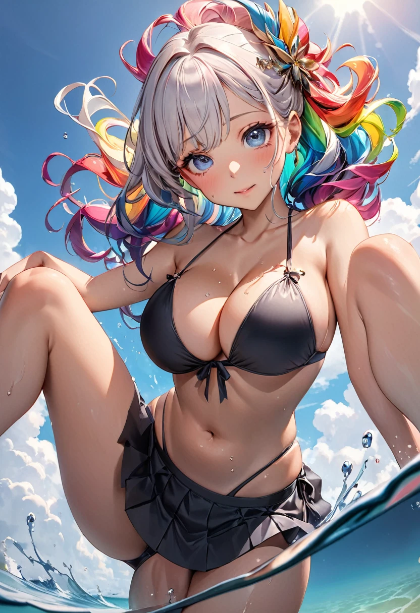 (masterpiece,best quality,extremely detailed:1.4),ultra-detailed,absurdres,perfect anatomy,1girl,japanese,30yo,Rainbow long hair,bangs,blue droopy eyes,cute,shy,Stylish bikini,black tight miniskirt,(lift:1.4),cleavage,hair ornaments,shallow sea,clear waters,water splash,(from below),Dynamic Angle,Glamorous Body,Nipple erection,Backlight,Curly hair,long hair,(((See-through,bikini))),Shiny Hair,Shiny Skin,お洒落なbikini,The bite is clear,Tattoo,tanline,Sunburn,Brown skin,