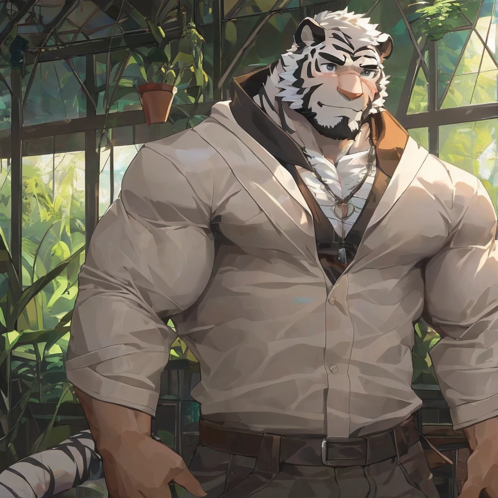 masterpiece,best quality,greenhouse，Sunlight，Male focus,human nature,White Tiger Orc,(Athletic:1.5), (White fur,Black eyebrows:1.5), Delicate eyes like agate,5 fingers, (Transparent raincoat),Smirk，Strong body，Meaty，Eight hairy abdominal muscles and two pectoral muscles are exposed