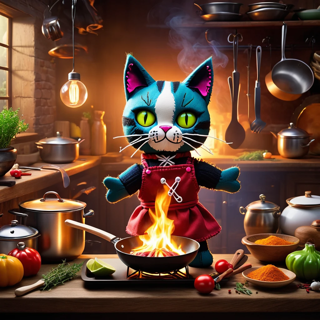 (knitted toy voodoo doll:1.8), (Voodoo Cat Cooking Lunch:1.3), (Clothing: chef's outfit with magical whisker patterns:1.0), (Accessories: enchanted frying pan, glowing spatula, mystical ingredients:1.2), (background: kitchen with floating, glowing herbs and spices and soft purring:1.2), best quality, masterpiece, detailed soft oil painting, detailed background, dramatic cinematic lighting, soft edge lighting, professional, dramatic lighting, hard edge lighting, ultra quality, 4k, masterpiece, best quality, 8k, ultra high definition, high resolution, extremely detailed