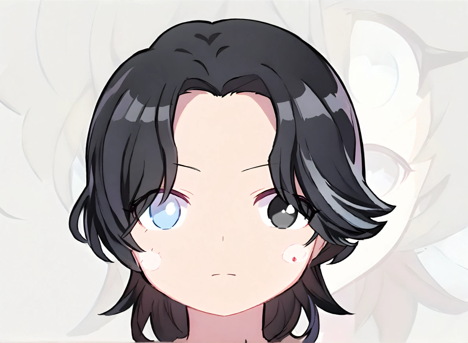 Chibi anime style illustration of a 25-year-old male character, front-facing portrait, inspired by Demon Slayer. He has black hair with a few white streaks, white spots on his skin, and heterochromatic eyes: the right eye is white and the left eye is black. The character should have the distinct chibi proportions and expressive features typical of Demon Slayer's chibi transformations, with only the head draw