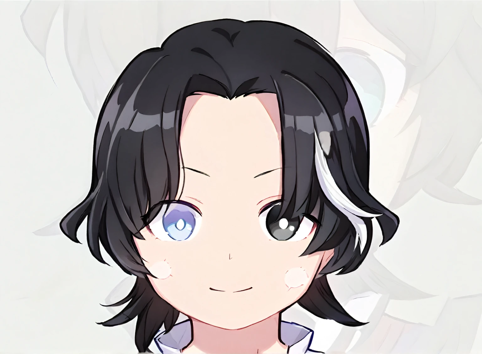 Chibi anime style illustration of a 25-year-old male character, front-facing portrait, inspired by Demon Slayer. He has black hair with a few white streaks, white spots on his skin, and heterochromatic eyes: the right eye is white and the left eye is black. The character should have the distinct chibi proportions and expressive features typical of Demon Slayer's chibi transformations, with only the head draw