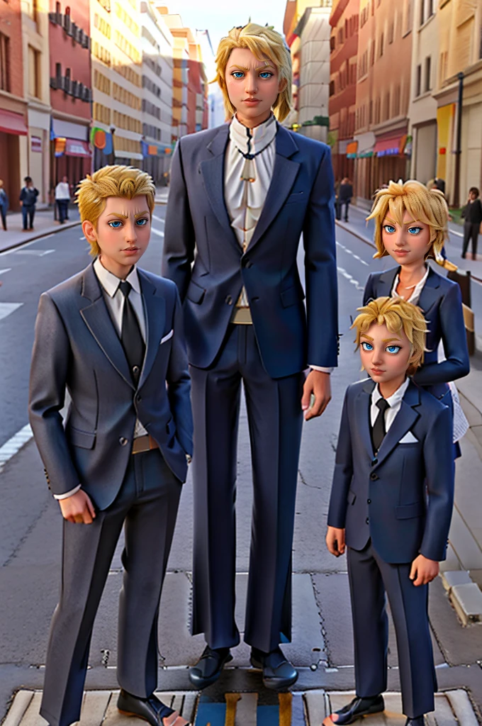 Tall wife in the middle, short husband in the left, short son in the right, beautiful faces, wife is wearing suit and pants, wife has big , wife is showing cleavage, wife is ripped, wife's suit has a belly button cutout, wife has ripped visible abs, make the girls even more taller than the boys, boys are very thin and weak, boys wearing suit and pants, wife is standing barefoot, boys are wearing office shoes