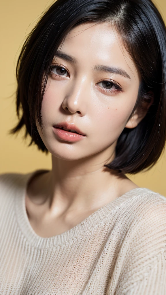 (masterpiece:1.3), (8k, photorealistic, RAW photo, best quality: 1.4), (1girl), beautiful face, (realistic face), (black hair, short hair:1.3), beautiful hairstyle, realistic eyes, beautiful detailed eyes, (realistic skin), beautiful skin, (sweater), absurdres, attractive, ultra high res, ultra realistic, highly detailed, golden ratio