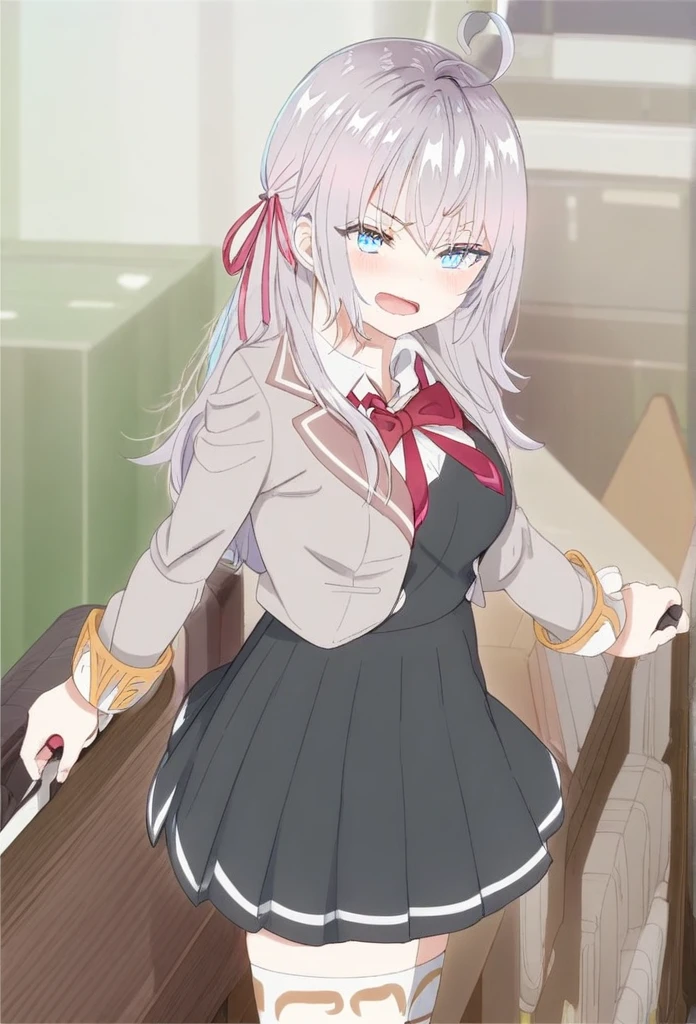 1girl, alisa mikhailovna kujou,tokidoki bosotto roshia-go de dereru tonari no arya-san,solo, long hair, eyebrows visible through hair, hair between eyes, silver hair, hair ribbon, blue eyes, medium breasts, ,white legwear,zettai ryouiki, long sleeves, jacket,
ceiling, portrait, looking at viewer, serious, corridor, open mouth,
best quality, very aesthetic, absurdres