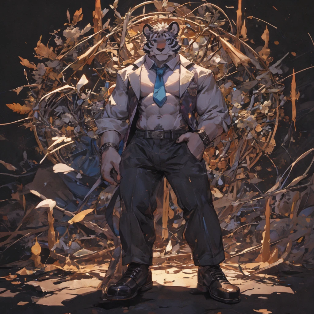 {{bara extremely handsome white tiger,}} {{white fur,}} white, wearing elegant ornate suit jacket, trousers, white dress shirt and necktie, white fluffy furry body and limbs, loafers, very tall, very broad shoulders, narrow waist, muscular arms, massive pecs, purple eyes, very long legs, massive bulge, sophisticated hot look, full body, 3/4 view, best quality, high quality, silver earring on left ear, sultry smirk, multiple views, character sheet