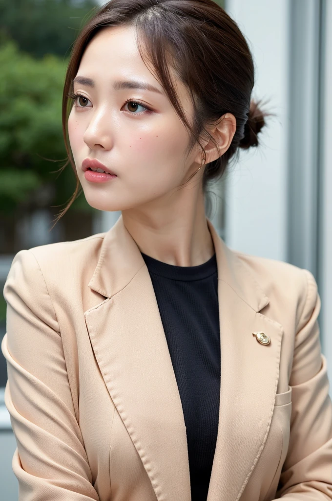 8k、High resolution、masterpiece、Realistic、In detail、Fine texture、Mature Young,ponytail,Office Clothes,Age 35,Erotic style,So cute,whole body,Perfect face with soft skin,Gorgeous long brown hair,8k resolution,Ultra-realistic,Super detailed,high quality,Erotic beautiful immature woman in fashionable clothes,(Look at the viewers)