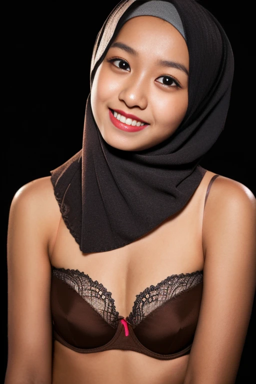 ((Lace)), (Happy smile), (((HIJAB MALAY GIRL))), masutepiece, High quality, UHD 32K, Realistic face, Realistic skin feeling , Malay Lady, young lady, , Very cute and baby-like face, (((FLAT CHEST))), (Night time at forest), ((look In front at the camera and SADNESS)), (((BROWN FLUORESCENT))), (((CUTE GIRL))), ((BROWN FLUORESCENT LIPS)), ((Floral Pattern)) little wearing strapless bra, strapless colorful bra, dark night background , black forest night, horror scary place, (small breast), ((small BREASTS)), (from behind up) seductive pose