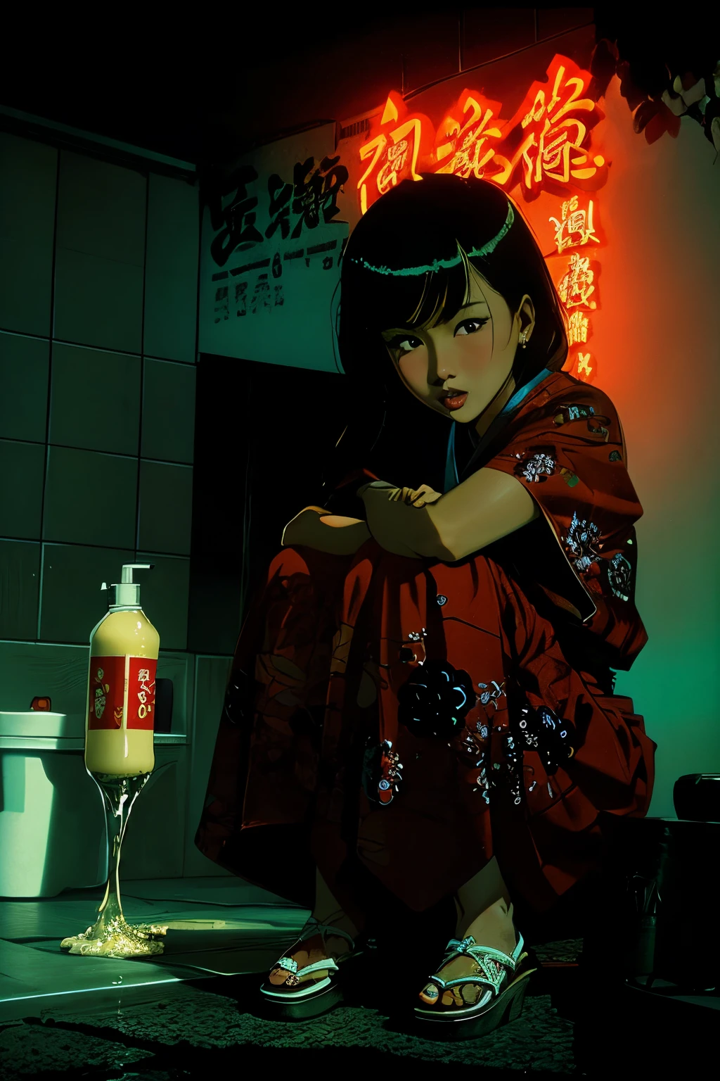 Adorable, demure Japanese girl in bathroom, peeing and pooping, using Asian squat toilet, lemonaide, sour cream, chocolate syrup, old Japanese porn aesthetic, by Frank Frazetta, By Brian Bolland, by Jim Steranko, Euro-Fumetti style, 1960s retro aesthetic, vivid lurid technicolor tones, Lomography effect, Best Quality HD, 8x, intricately detailed, vintage erotic art style, vivid colors, crisp details of face, 35mm motion picture film, grainy damaged film