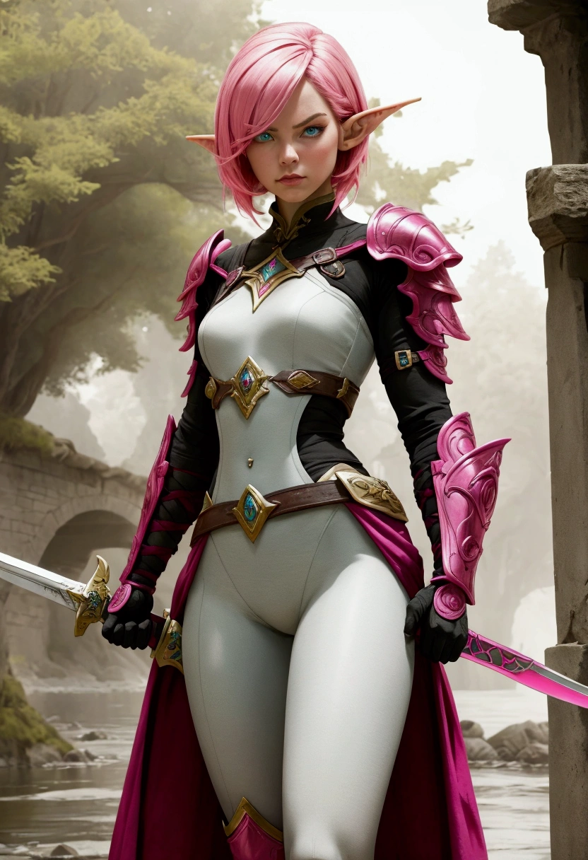 A striking woman with short, vivid pink hair dons elegant elf armor, standing tall on a misty stone bridge. Her piercing eyes reflect determination as she grips a gleaming sword, prepared for any challenge.