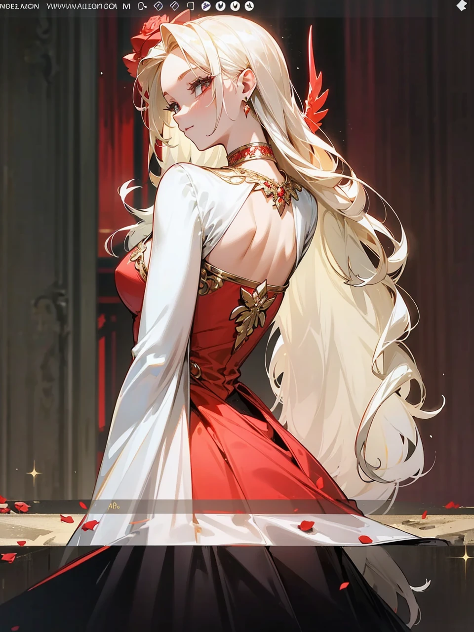 Add in roses to her dress, a good back dress design with some golden jewelry, make her dress into a red and white gown with a hat, give her some unique Jewelry, and make her look somewhat of a demonic angel like appearance to her