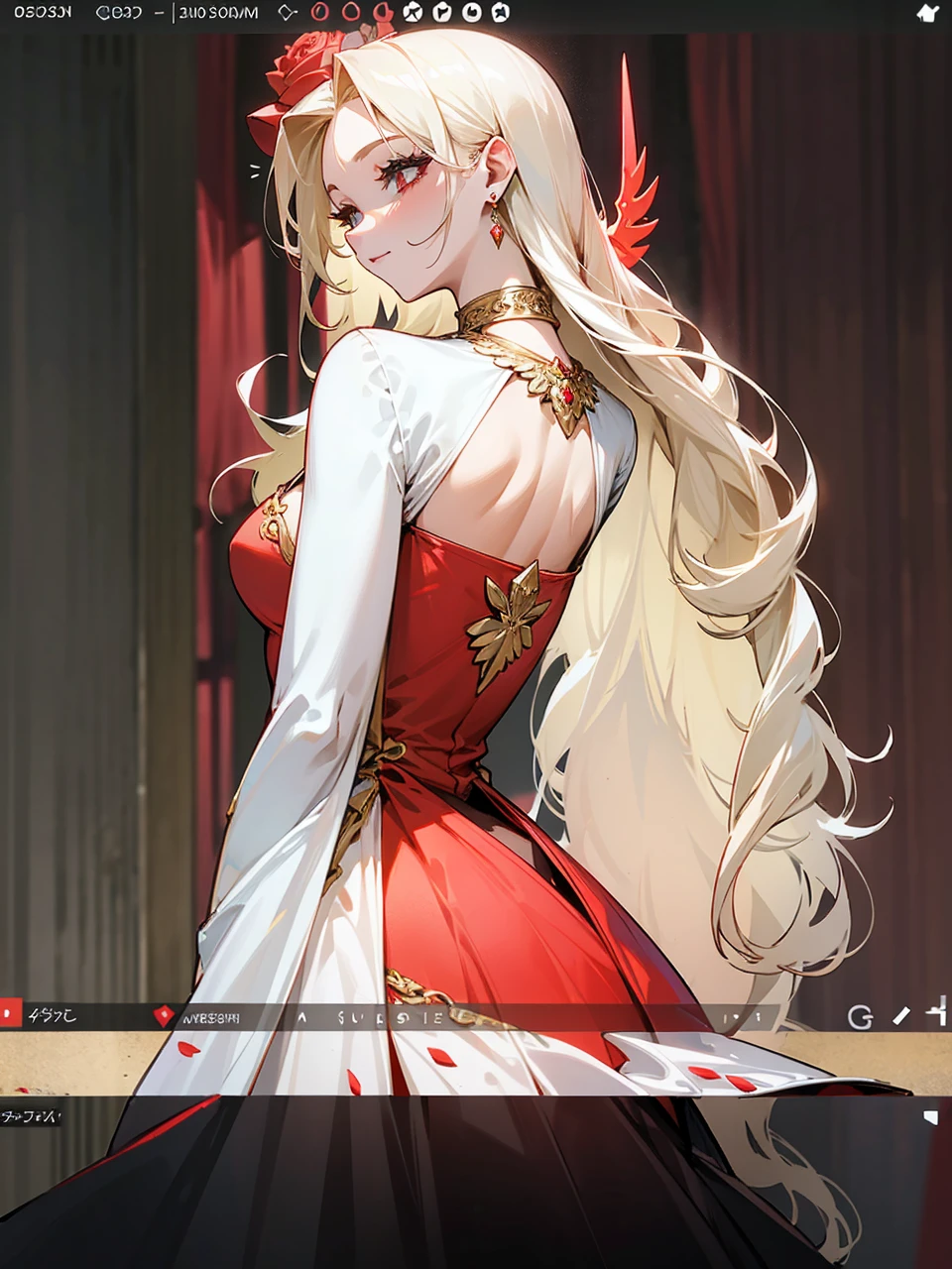 Add in roses to her dress, a good back dress design with some golden jewelry, make her dress into a red and white gown with a hat, give her some unique Jewelry, and make her look somewhat of a demonic angel like appearance to her