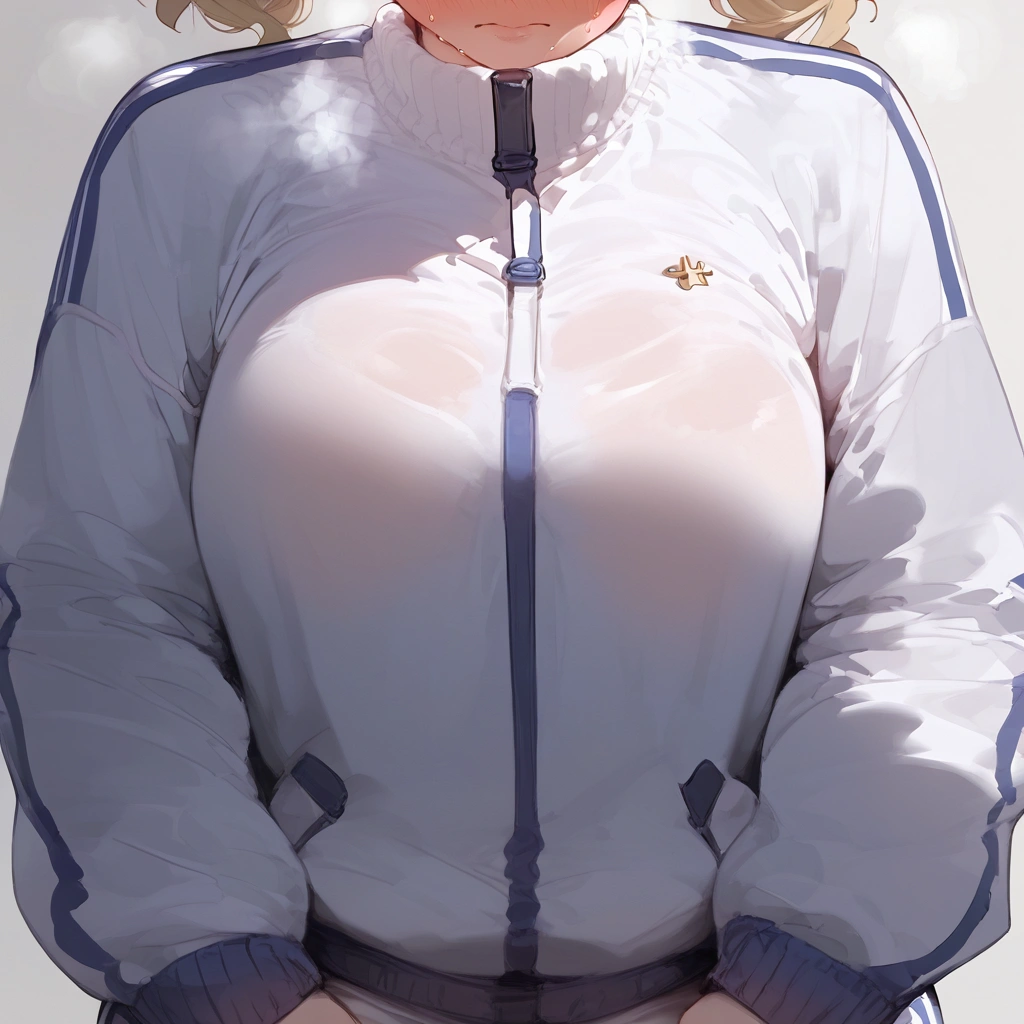 score_9, score_8_up, score_7_up, score_6_up, score_5_up, score_4_up, 1girl, Barbara, genshin_impact,,, , floox style,jacket,, , white jacket,white track suit,, sportswear, standing, steam, steaming body, sweat, , track jacket, white track pants, track suit, , high resolution,, deep breath,blush, shy, embarrassed , head out of frame, , grey background, , solo, in centre of shot, big balls under jacket