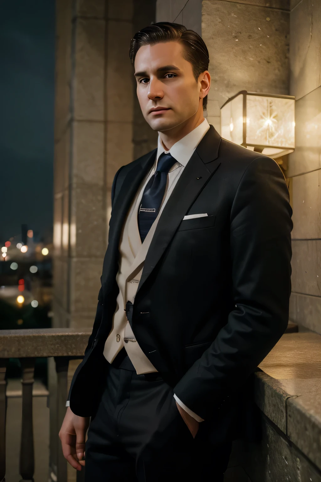 ((Best quality)), ((masterpiece)), (detailed), 35 year old rich man in a suit, Clean-shaven face, pale skin, soft look, dim soft light, Night city in the background