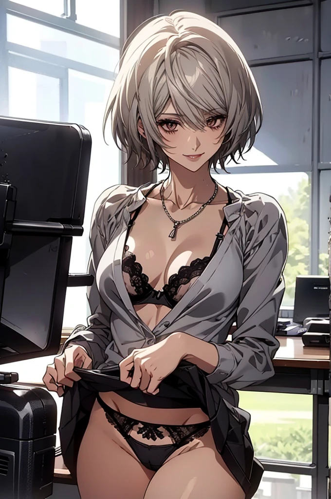 (Highest quality, High resolution, Very detailed), Silver Hair, Super short hair, Reddish brown eyes, office staff suit skirt, lace thong bra, Large Breasts, Perfect Makeup, necklace, secretary, 24th generation, Beautiful woman, mature, quiet, Calm, A small smile, office,