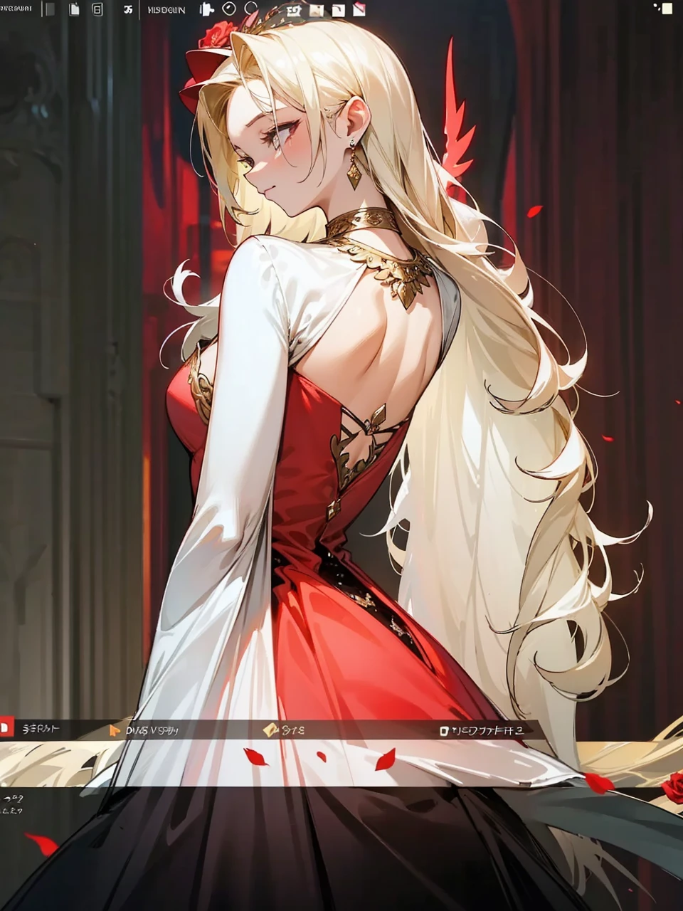 Add in roses to her dress, a good back dress design with some golden jewelry, make her dress into a red and white gown with a hat, give her some unique Jewelry, and make her look somewhat of a demonic angel like appearance to her