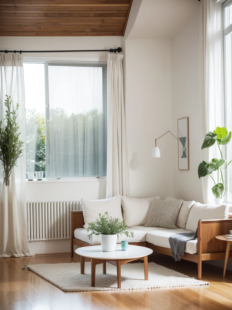 A Nordic-style living room champions simplicity and nature, with an open layout and ample natural light creating a spacious and transparent atmosphere. The color palette is dominated by whites, greys, and wood tones, punctuated by splashes of vibrant hues. Furniture features clean lines and a preference for natural materials like wood, complemented by cozy textiles such as cotton and linen cushions and curtains. Lighting is soft, often featuring minimalist designed fixtures. Decorations include green plants and artworks that add vitality and personal flair, over light-colored wooden floors, occasionally adorned with subtly hued rugs. Concealed storage solutions maintain a tidy space, reflecting a design philosophy that balances functionality with aesthetics. The overall aim is to create a comfortable, serene, and lived-in residential environment., black hair, aqua eyes, blush, f/2.8, 135mm, Sony FE, UHD, high quality, highres, high details, award winning, 8k