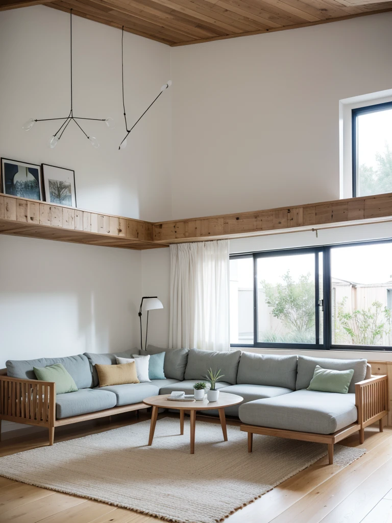 A Nordic-style living room champions simplicity and nature, with an open layout and ample natural light creating a spacious and transparent atmosphere. The color palette is dominated by whites, greys, and wood tones, punctuated by splashes of vibrant hues. Furniture features clean lines and a preference for natural materials like wood, complemented by cozy textiles such as cotton and linen cushions and curtains. Lighting is soft, often featuring minimalist designed fixtures. Decorations include green plants and artworks that add vitality and personal flair, over light-colored wooden floors, occasionally adorned with subtly hued rugs. Concealed storage solutions maintain a tidy space, reflecting a design philosophy that balances functionality with aesthetics. The overall aim is to create a comfortable, serene, and lived-in residential environment., black hair, aqua eyes, blush, f/2.8, 135mm, Sony FE, UHD, high quality, highres, high details, award winning, 8k