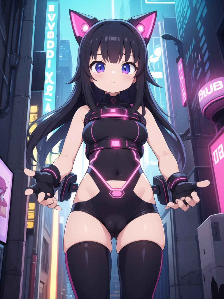masterpiece, best quality, ultra detailed, anime style, Within a high-tech city, a cute girl commands electricity, sparks cascading along her fingertips. Her cyberpunk-inspired outfit, with circuit-like patterns, resonates with the neon-lit surroundings as she harnesses the energy of the urban landscape, camel toe, กางเกงในสีขาว, มองเห็นกางเกงใน, กางเกงในรัดรูป,
