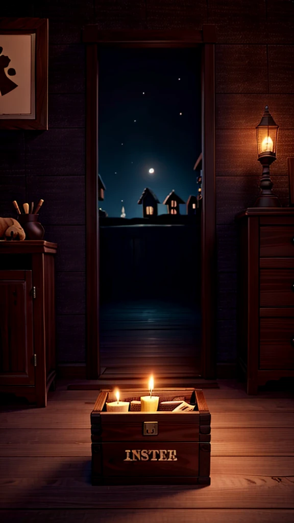 A message inside a wooden box night scene dark themed inside a house