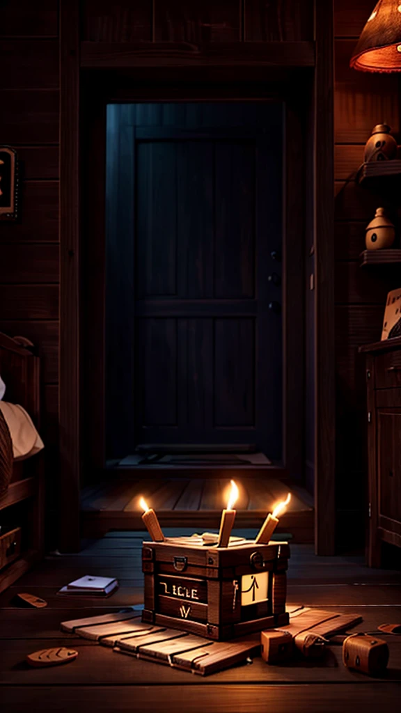 A message inside a wooden box night scene dark themed inside a house