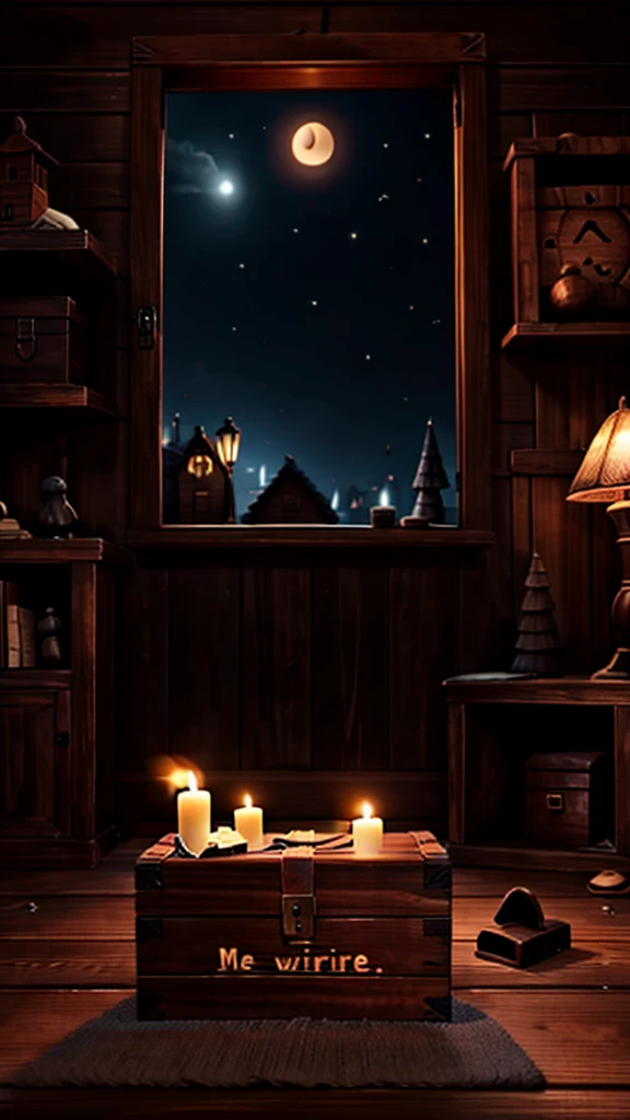 A message inside a wooden box night scene dark themed inside a house