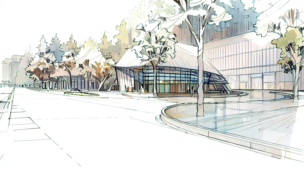 a sketch of a beautiful gallery square, a lot of trees around, curve roof, metal sheet roof, glass curtain wall, hyper realistic