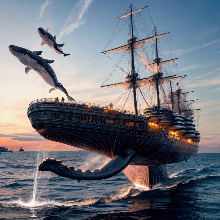 reality,live-action,Photorealistic,
masterpiece,Highest quality,8k,High resolution,Raw photo,Professional,
Physically Based Rendering,Thin contours,
A dreamlike anime illustration of Studio Ghibli depicting a large wooden whale-shaped airship that flies through the sky with a fantastic mechanism. This large wooden airship is powered by a steam engine and
(It flies by slowly flapping its wings, which resemble wooden oars that resemble whale pectoral fins and protrude from the side of the ship.:1.2)
A mechanical civilization that imitates the appearance and functions of living things and mixes with the unique functions of machines. Industrial Revolution. This fleet is a merchant caravan, but there is only one flying aircraft carrier.
(Whale mouth:1.3)A biplane takes off from the sky, always flying the same route at the same time.々Supporting the lives of