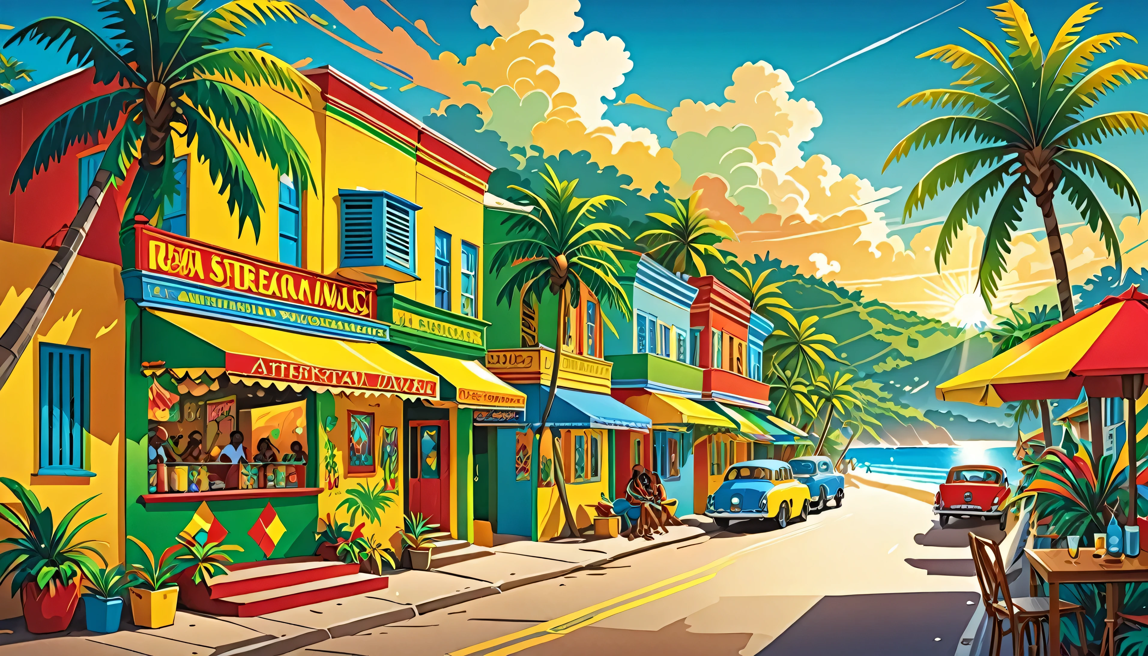 Vector art, Lots of Jamaican Reggae, Authentic Jamaican reggae music atmosphere, Chic colors,Attention to detail, 
Streetscape,Shield of David,Rastafarian,Full Luster Color,Palm tree,Half the beach