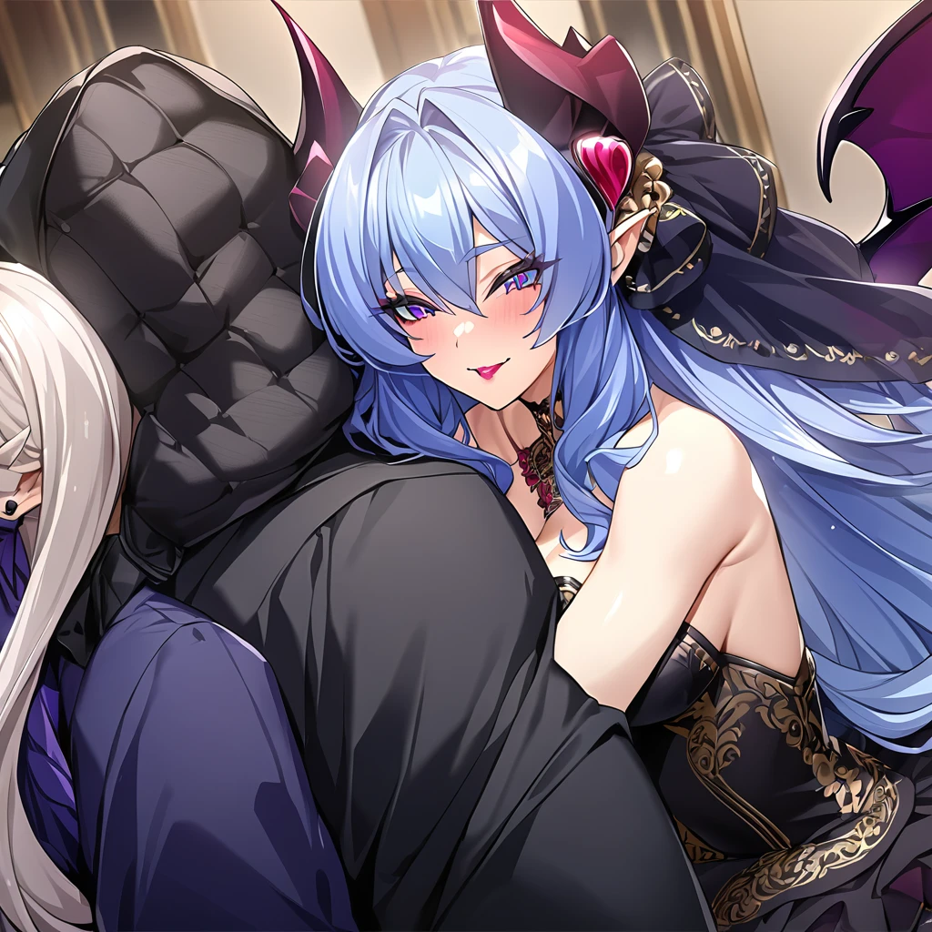 ((Highest quality)), ((masterpiece)), (detailed), （Perfect Face）、The woman is hugging, kissing and having sex with the great and powerful evil demon king man.、The woman is a beautiful, jet-black female demon, the queen of evil, Devil Extia, with jet-black skin, medium-long blue hair, wearing a luxurious black wedding dress with gold embroidery and trim, a black wedding veil, an engagement ring, and luxurious accessories. She is an elegant, beautiful female demon, the queen of evil.、A great demon with jet black skin, impressive devil horns, devil wings and a devil tail.、The woman looks happy、The man is a great and powerful demon king.、The woman is being loved and loved by the majestic demon king.