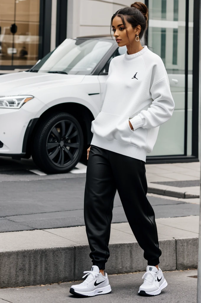 Glazed woman with wide black fabric pants, white sweater and white and gray nike jordan sneakers