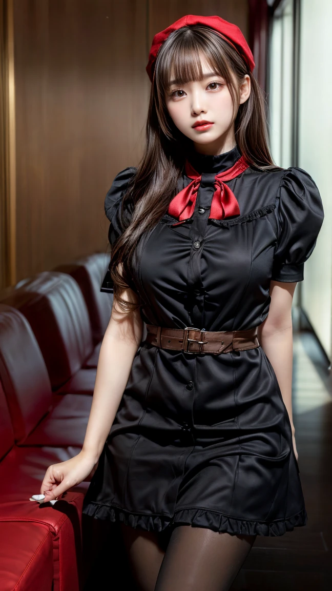 (absurdres:1.3), (highres:1.3), (ultra detailed:1.3),(1girl:1.3), (extremely detailed CG unity 8k wallpaper:1.3), (detailed skin texture, detailed cloth texture, detailed hair texture), (beautiful detailed face, supermodel, pale skin, realistic glistening skin), (RAW photo, best quality), (realistic, photo-realistic:1.4), masterpiece, extremely delicate and beautiful,Amazing, finely detail, extremely detailed CG unity 8k wallpaper, huge filesize, ultra-detailed, highres, absurdres, soft light,rim light, vibrant details, hotel room, straight hair, large breasts, black hair color, Big Natural Color Lip, (perfect body shape), beautiful legs, BREAK (black and red theme:1.4), (black sundress:1.5), (black sailor collar:1.4), ((short sleeve, bishop-sleeve):1.3), (black beret with white ribbon:1.4), (red tie:1.3), (double-breasted on (dress, skirt):1.3), ((red ribbon, white large-button):1.3), (red line on dress:1.2),
BREAK ((dark-brown pantyhose, loafers):1.2), crying a little、little smile, Harajuku style、20 year old girl、cute type、lolita、