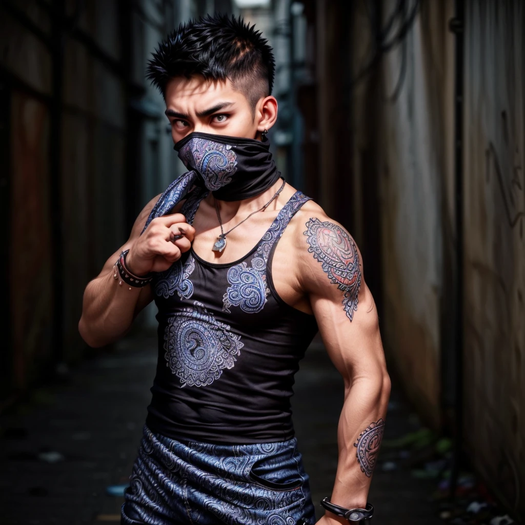 (((Cover your nose and neck with a paisley pattern cloth)))、(((fighting stance)))、((simple Black tank top))、Denim pants、sneakers、Tattoo、Muscular、necklace、(Glowering look、looking at viewer、big eyes、furious)、((Alley))、undercut hair、Spiky hair、16 years old、((full body))