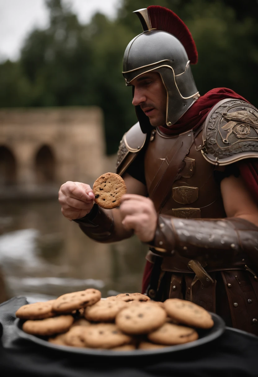 Brown chocolate cookies in the hands of a Roman soldier, cookies in the hands of a Roman legionary, cookies on the Roman emperor's table, cookies gordos, chubby, big teats; realisitic, 4K, best photographer in the world, Depth of field, best qualityer, optical zoom, Fat brown chocolate cookies in the hand of a Roman warrior(helmet and sword), legionário romano com um cookie n mão, soldado romano segurando um cookie