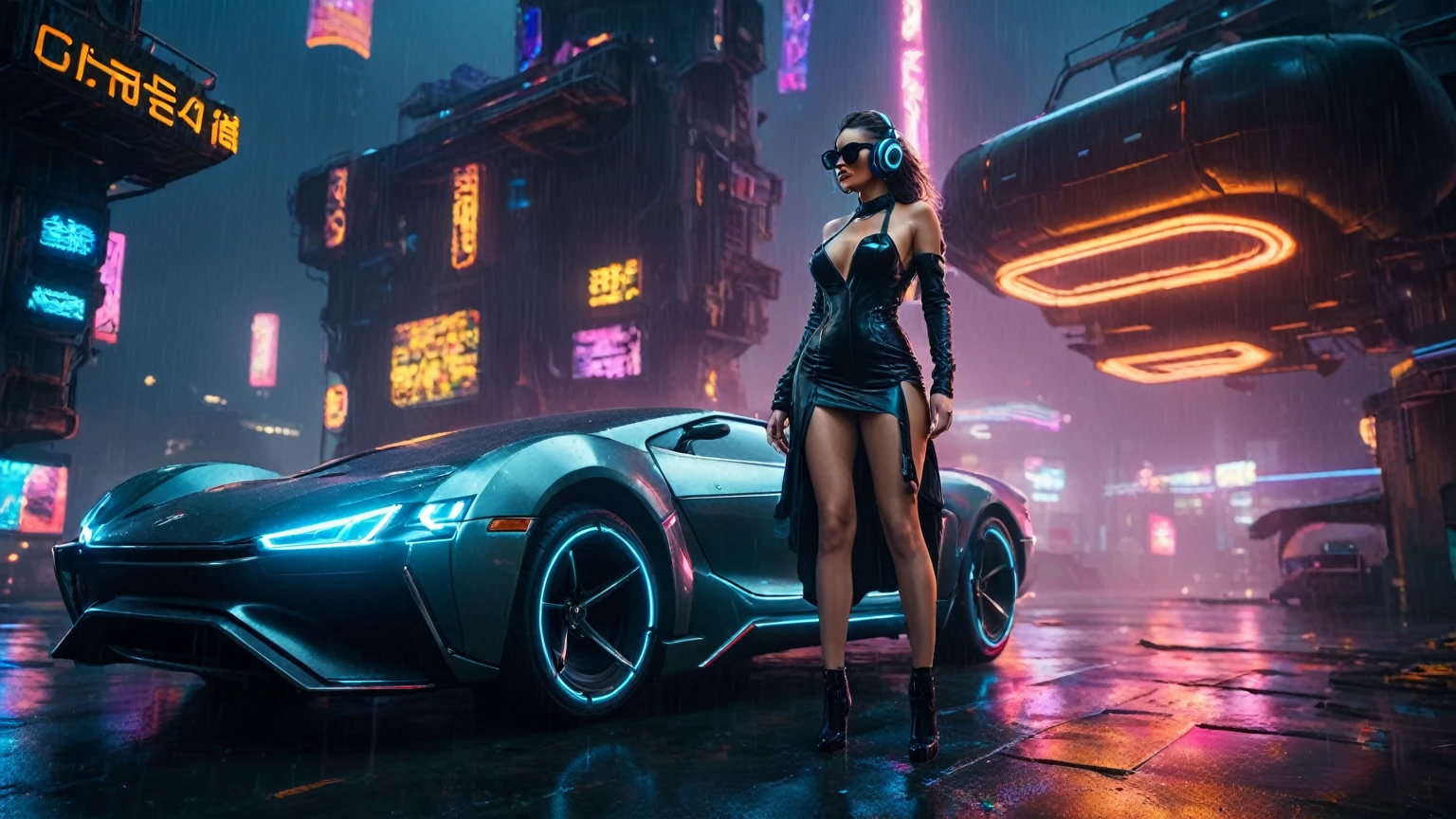 (aerial view, a flying cars docking platform, a very dark abandoned futuristic city, neon lights), rainy night. (((1girl, solo, alone))), large-breast:1.2 slim body, cleavage:1.1, sexy wind blowing wet dress:1.4, (((headphone, black sunglasses, standing and holding pistol:1.8, dynamic rushing pose))), (((((half-body thigh level medium shot))))), cinematic lighting, lens flare, ray tracing.