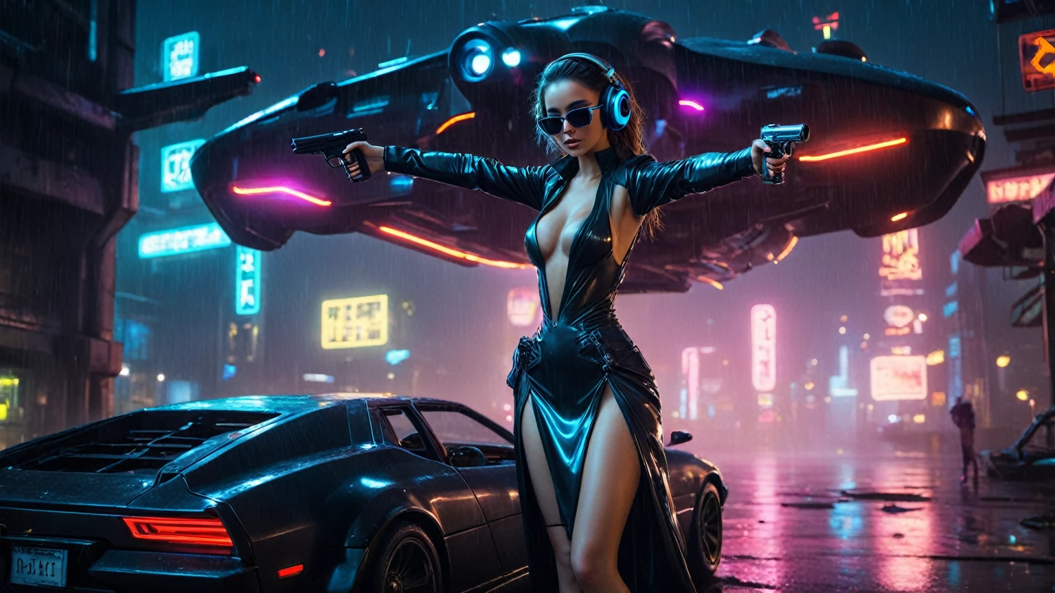 (aerial view, a flying cars docking platform, a very dark abandoned futuristic city, neon lights), rainy night. (((1girl, solo, alone))), large-breast:1.2 slim body, cleavage:1.1, sexy wind blowing wet dress:1.4, (((headphone, black sunglasses, standing and holding pistol:1.8, dynamic rushing pose))), (((((half-body thigh level medium shot))))), cinematic lighting, lens flare, ray tracing.
