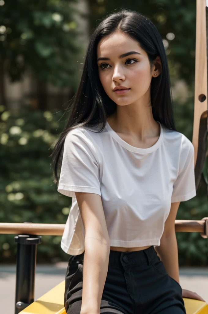 portrait photograph of a gorgeous girl with italian trait and pale skin seen from side profile with head turned away from the camera, seen from the top, with long straight black hair, symmetrical face, deep set eyes, upturned little nose,
cute natural makeup, wearing a top t shirt and black shorts((sitting on a seesaw)), stunning modern urban environment, ultra realistic, elegant, highly detailed, intricate, sharp focus, depth of field, f/1. 8, 85mm, medium shot, mid shot, (((professionally color graded))), bright soft diffused light