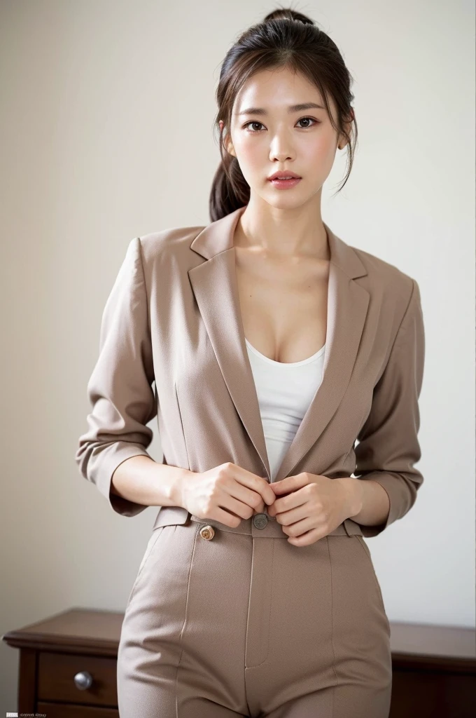 8k、High resolution、masterpiece、Realistic、In detail、Fine texture、Mature Young,ponytail,Office Clothes,Age 35,Erotic style,So cute,whole body,Perfect face with soft skin,Gorgeous long brown hair,8k resolution,Ultra-realistic,Super detailed,high quality,Erotic beautiful immature woman in fashionable clothes,(Look at the viewers)