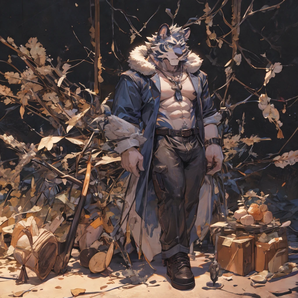 {{bara extremely handsome white tiger,}} {{white fur,}} white, professional model like, wearing elegant ornate suit jacket, trousers, white dress shirt and necktie, white fluffy furry body and limbs, loafers, very tall, very broad shoulders, narrow waist, muscular arms, massive pecs, purple eyes, very long legs, massive bulge, sophisticated hot look, 3/4 view, best quality, high detail, CG image, character splash art, silver earring on left ear, sultry smirk