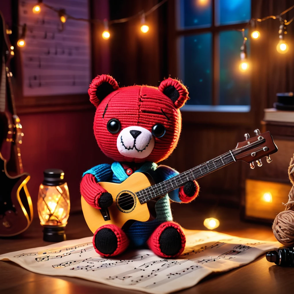 (knitted toy voodoo doll:1.8), (Voodoo Bear Playing Guitar:1.3), (Clothing: casual outfit with magical musical notes:1.0), (Accessories: enchanted guitar, glowing pick, mystical sheet music:1.2), (background: cozy room with floating, glowing music notes and soft strumming:1.2), best quality, masterpiece, detailed soft oil painting, detailed background, dramatic cinematic lighting, soft edge lighting, professional, dramatic lighting, hard edge lighting, ultra quality, 4k, masterpiece, best quality, 8k, ultra high definition, high resolution, extremely detailed