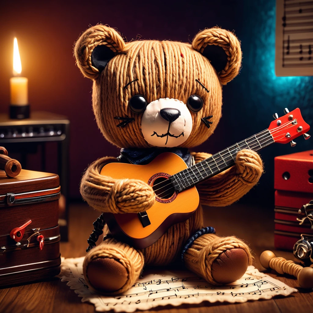 (knitted toy voodoo doll:1.8), (Voodoo Bear Playing Guitar:1.3), (Clothing: casual outfit with magical musical notes:1.0), (Accessories: enchanted guitar, glowing pick, mystical sheet music:1.2), (background: cozy room with floating, glowing music notes and soft strumming:1.2), best quality, masterpiece, detailed soft oil painting, detailed background, dramatic cinematic lighting, soft edge lighting, professional, dramatic lighting, hard edge lighting, ultra quality, 4k, masterpiece, best quality, 8k, ultra high definition, high resolution, extremely detailed