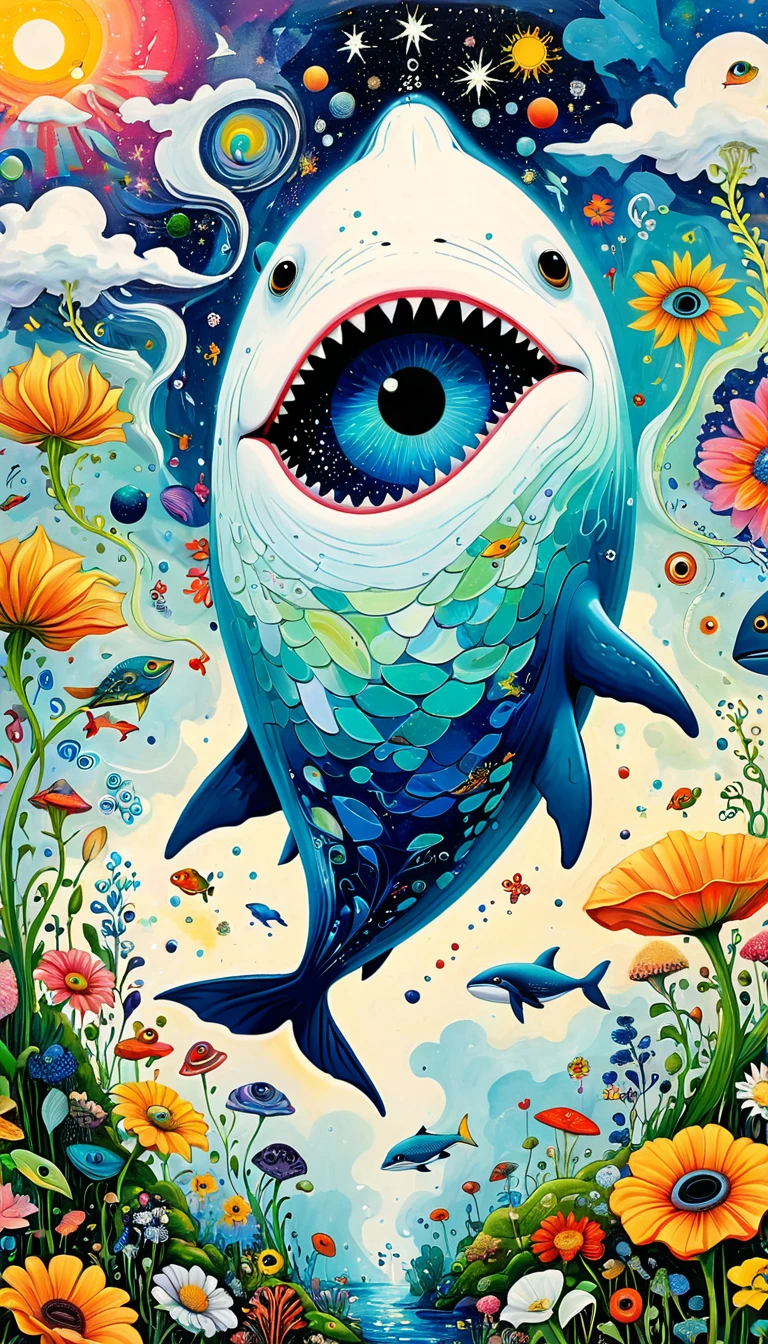 Children's graffiti,Thick coating,Concave and convex texture,Oil pastel strokes:Artists from the stars,Flying Whale:1.37、Eruption Cloud、flowesh、章fish触手瀑布。、bird、(((Eye)))、diatom,Abstract mosaic painting,Describing the inner world of autistic people,Large area of white,interesting,Innocence,Vision,Psychedelic Art,